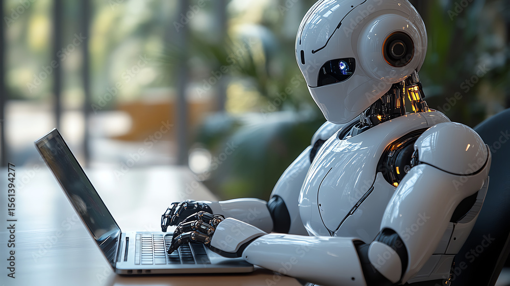 Poster An advanced robot working intently on a laptop in a modern environment, showcasing the fusion of technology and innovation.
