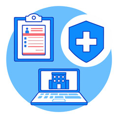 Obraz premium blue and white graphic of a laptop and a clipboard