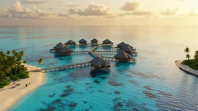 Island bungalows sunset ocean luxury travel