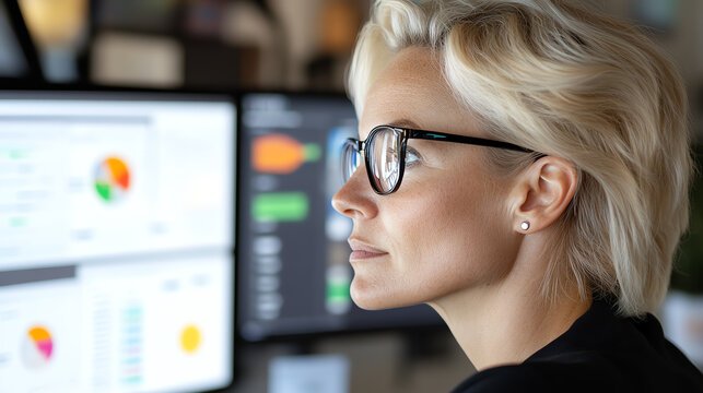 Focused professional analyzing data on multiple screens in a modern office environment.