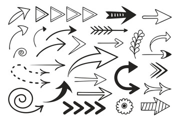 Hand-Drawn Arrows Set Featuring Curved and Circular Sketch Styles. Black Vector Icons for UI Navigation Projects, Infographic Layouts, and Presentation Templates.

