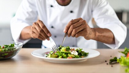 Chef hands preparing gourmet dish in a professional kitchen
