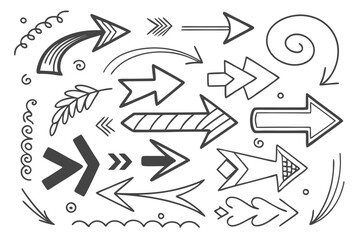 Black Hand-Drawn Arrows Set Featuring Zigzag and Curved Styles. Vector Icons in Sketch Format for UI Navigation, Infographic Charts, and Creative Presentation Layouts.

