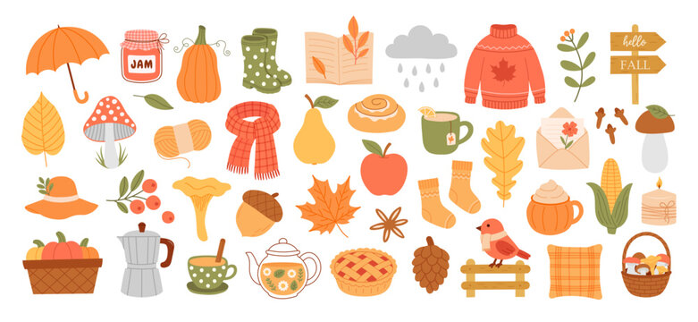 Cute fall elements set with autumn food, clothes, leaves, mushrooms, drinks and cozy seasonal items in flat hand drawn style
