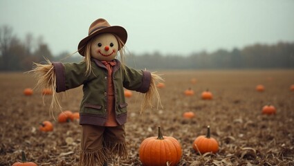 Smiling scarecrow on autumn pumpkin field