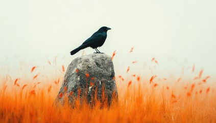 A solitary black crow perched atop a rock, amidst a field of orange grasses, against a soft, muted background