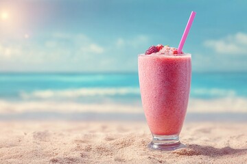 one smoothie in glass with pink straw set against beautiful beach backdrop. vibrant colors of drink contrast with blue ocean and sandy shore, relaxation and enjoyment advertisement concept