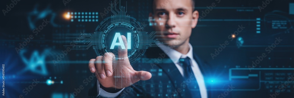 Poster businessperson interacts with a digital interface displaying artificial intelligence.