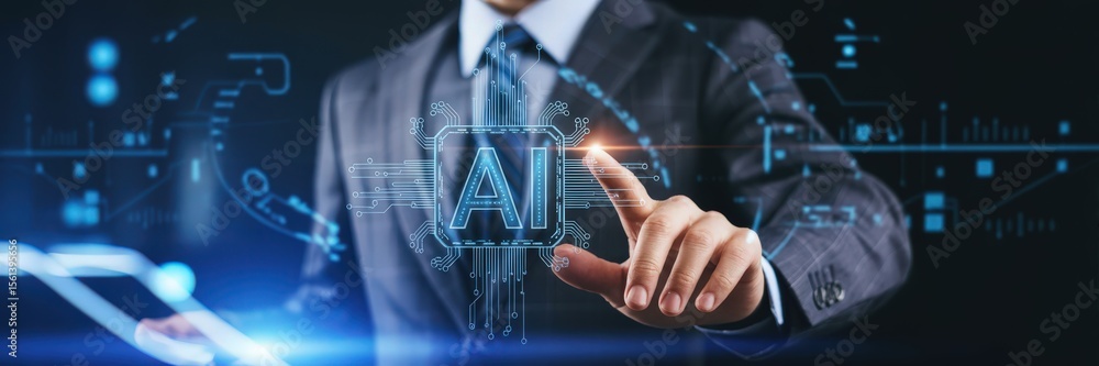 Poster person interacting with a digital representation of artificial intelligence.