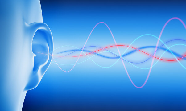 Ear with visualization of sound waves on blue background - 3D illustration