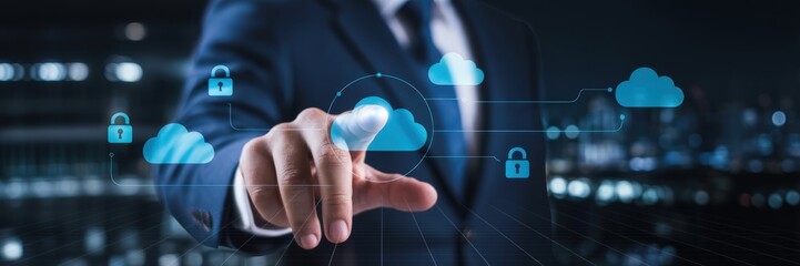 Fototapeta premium Person interacts with a digital cloud computing interface.