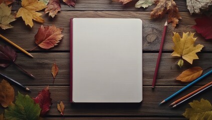 Blank notebook surrounded by autumn leaves and colored pencils on a wooden table