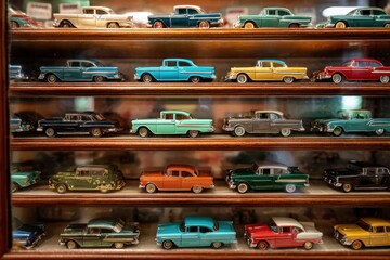 A shelf displays a collection of vintage model cars, their shiny exteriors reflecting light, evoking nostalgia and a passion for classic automobiles.