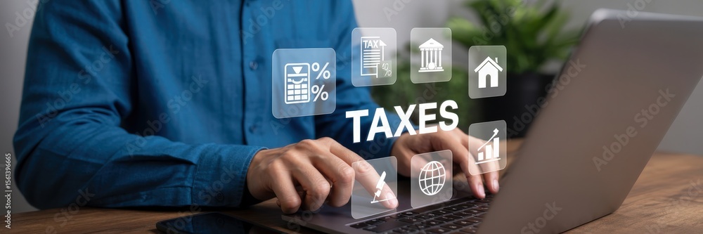Poster person interacting with a computer displaying tax information.