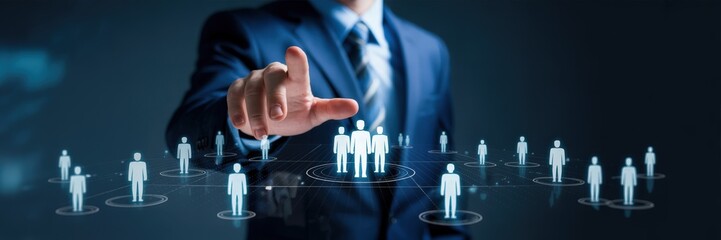 A person interacts with a network of digital figures.