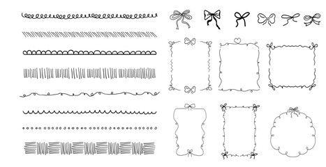 Obraz premium Whimsical coquette ribbon set frames and borders, hand drawn line ornament, border y2k romantic retro design element. Wavy curved vintage decor.
