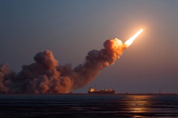 Fototapeta premium Rocket Launch at Dusk Over Calm Waters.