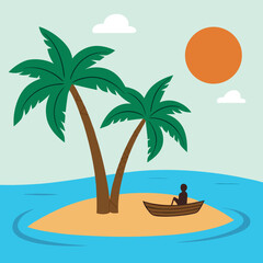Obraz premium Stylized tropical island scene with two palm trees a sandy beach blue ocean water a bright sun fluffy clouds and a person in a small boat isolated 