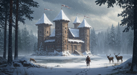 Winter Castle in Snowy Forest Medieval Fortress Illustration © Yaqeen