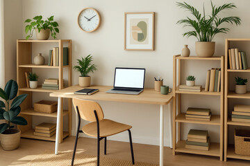 Light wood desk with laptop and plants bookshelves books