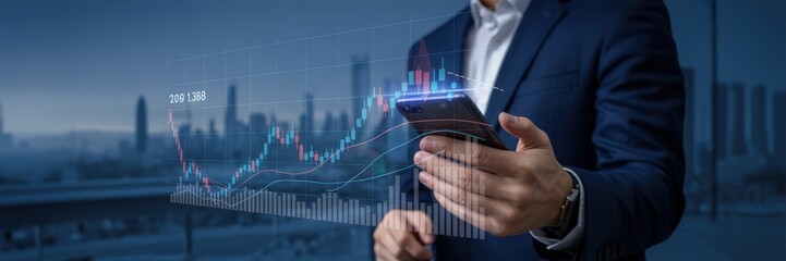 Person holding a smartphone displaying financial data over a cityscape.