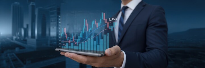 Businessperson holds digital financial chart on tablet.