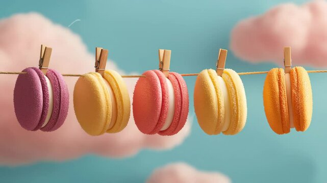 Colorful macarons hanging on a clothesline against a dreamy blue background with fluffy clouds, showcasing vibrant pastel hues and playful presentation, perfect for dessert-themed designs and culinary