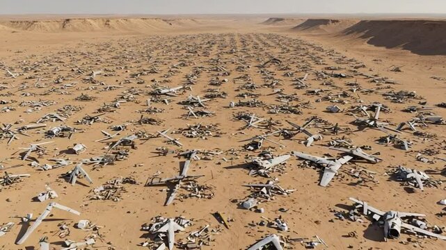 Abandoned aircraft graveyard in vast desert landscape