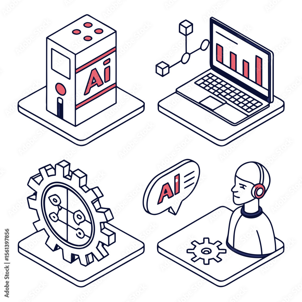 Poster isometric illustrations showcasing ai technology, data analysis, and human interaction with artifici