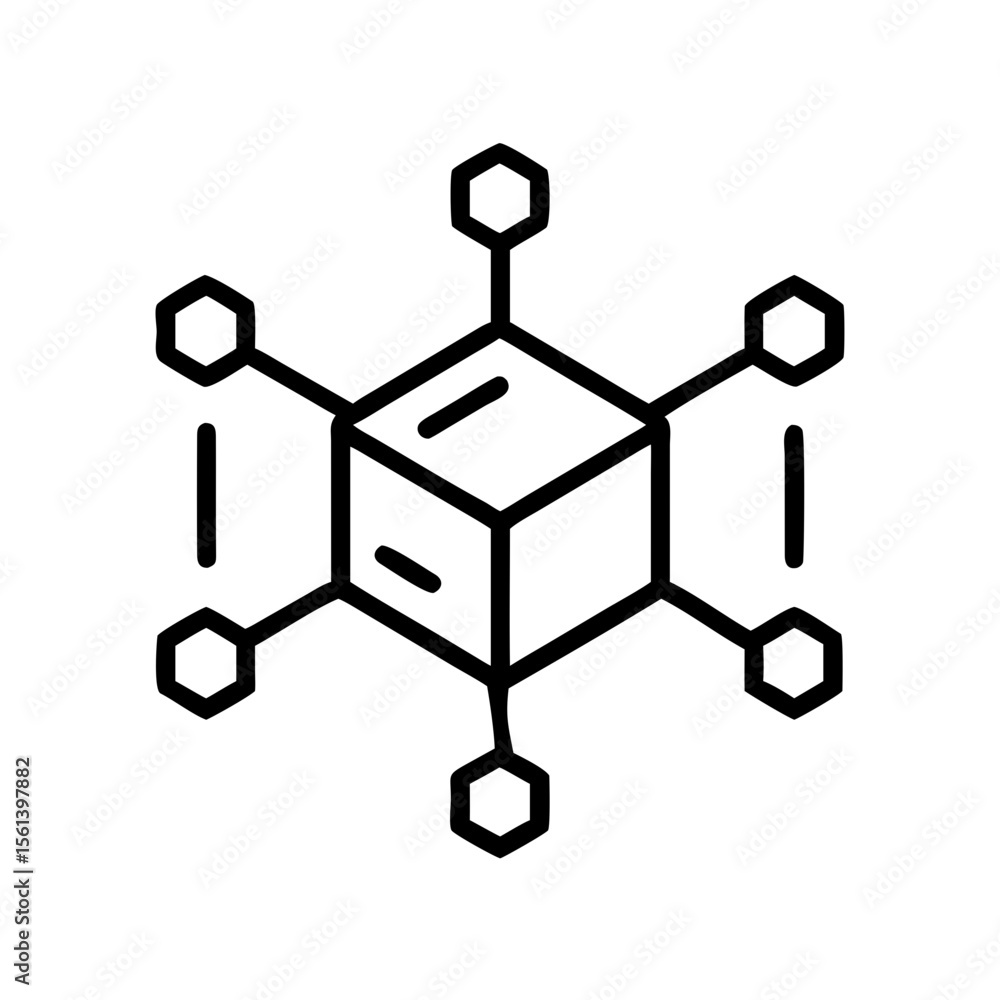 Poster a stylized line drawing of a cube connected to hexagons, representing a network or molecular structu