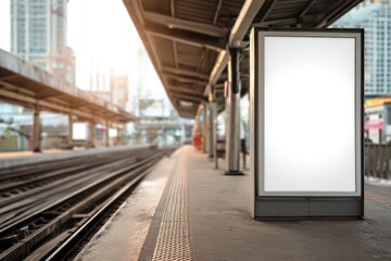 Blank mock up of vertical street poster billboard on train station Background.