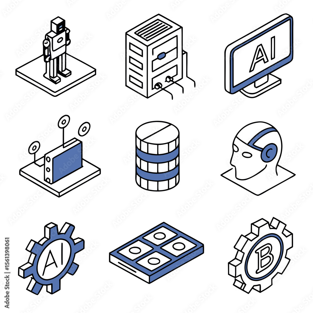 Aufkleber isometric illustrations showcasing artificial intelligence concepts, including robots and data.