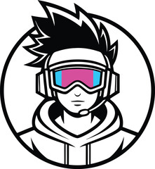 Stylized black and white illustration of a gamer wearing a headset and goggles with pink and blue lenses isolated on transparent background