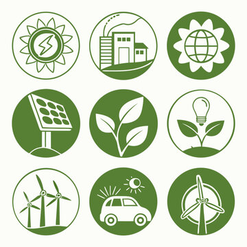 Green energy icons illustrate sustainable solutions, renewable resources, and eco-friendly technologies.