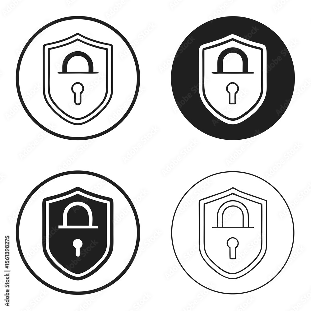 Aufkleber four variations of a shield icon with a padlock and keyhole, representing security.