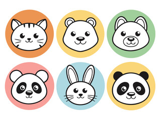 Fototapeta premium Collection of six cartoon animal faces, including a cat, bear, panda, and rabbit, each set against a colored circle.