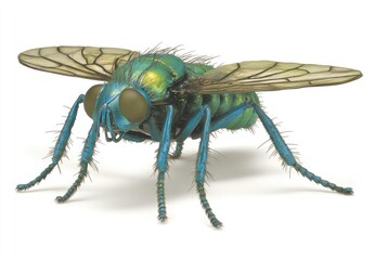Detailed close-up of a vibrant green and blue fly with large eyes and delicate wings