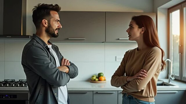 Frustrated man and woman argue in a modern kitchen at home, symbolizing relationship conflict and emotional distance. Great for themes of marriage, communication, therapy.