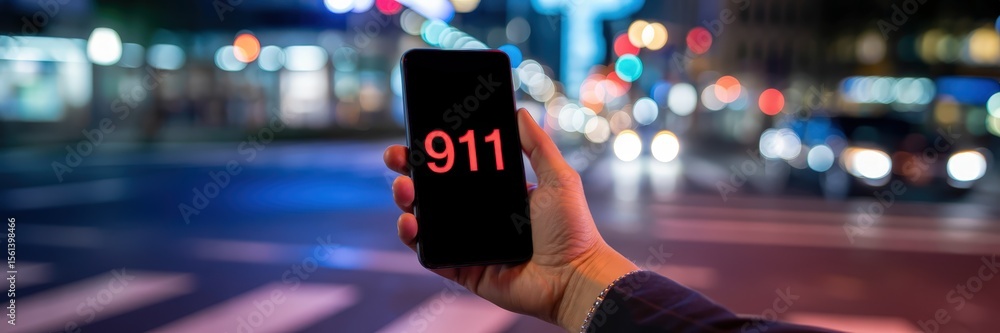 Poster hand holding smartphone with emergency number displayed.