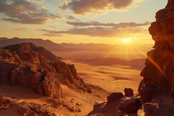 Gordijnen Breathtaking sunset in a vast desert landscape with mountains in the background and warm colors lighting the sky. Generative AI © Dima