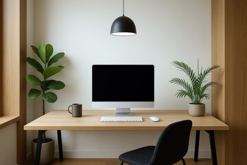 Modern workspace with computer and plants desk keyboard