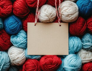Blank tan card surrounded by colorful yarn balls
