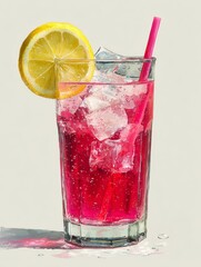 Hand drawn refreshing summer drink in clear glass with lemon slice and pink straw on white background, simple and bright seasonal illustration concept