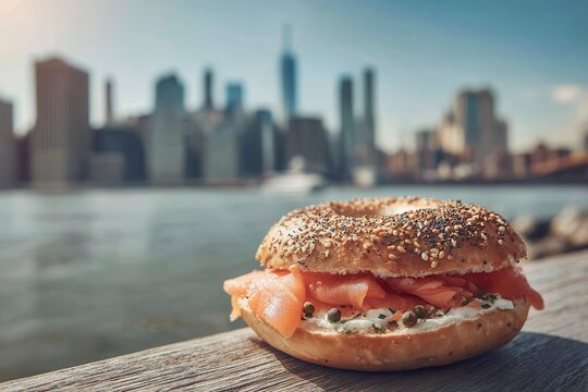 Classic New York Bagel with Lox on a Riverbank Table Overlooking the City Skyline.