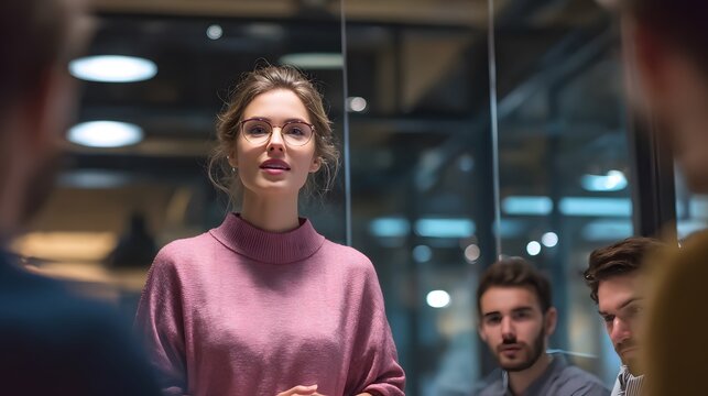 Woman in pink sweater presenting to colleagues in a modern office.