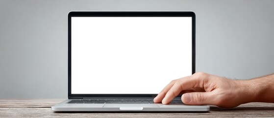 Closeup of Hairy Hand Using Laptop with Blank White Screen on Wooden Desk