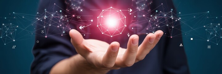 Hand holding a glowing, interconnected digital sphere.