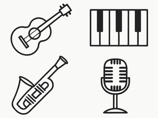 Obraz premium Simple line drawings of musical instruments: acoustic guitar, piano keyboard, saxophone, and microphone.