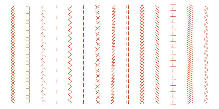 Sewing machine, embroidery border line zig zag hatch. Geometric fabric needlework, thread sew brushes, sewing seams.  - Powered by Adobe