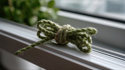 Green twine tied bow windowsill plant background